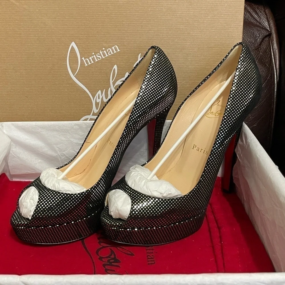 Christian Louboutin Lady Peep plaid polka glitter pump 140mm 1” platform EU38.5